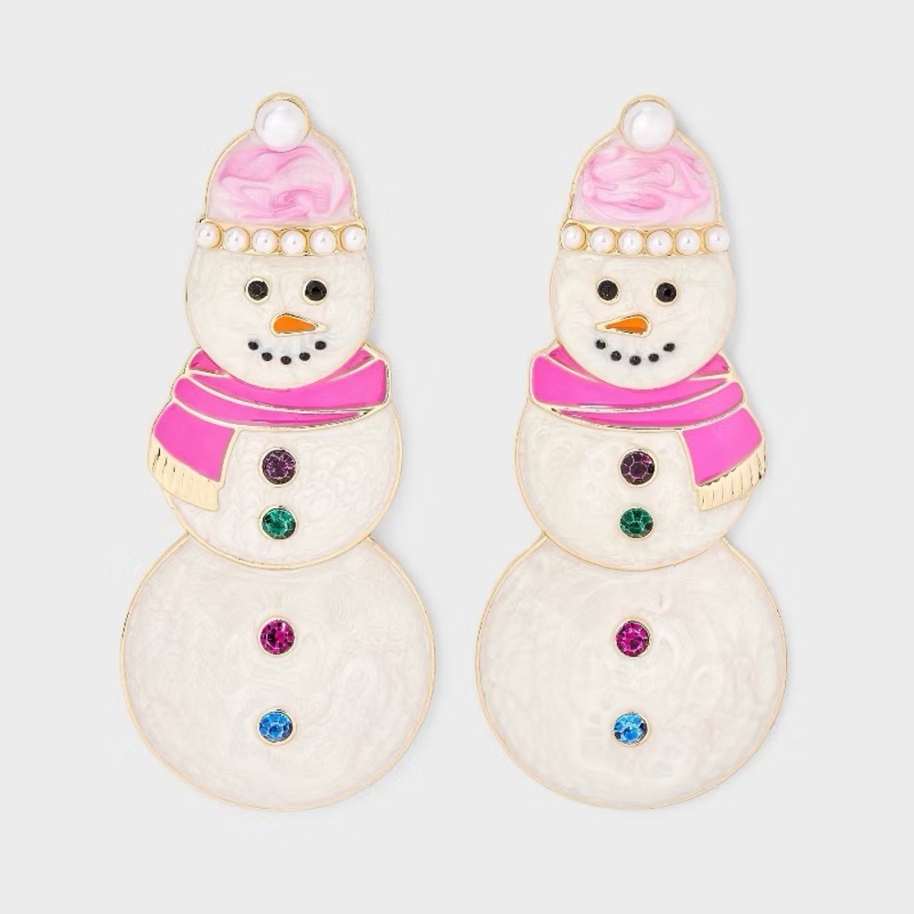 Holiday Snowman Post Drop Earrings - White/Pink nwt